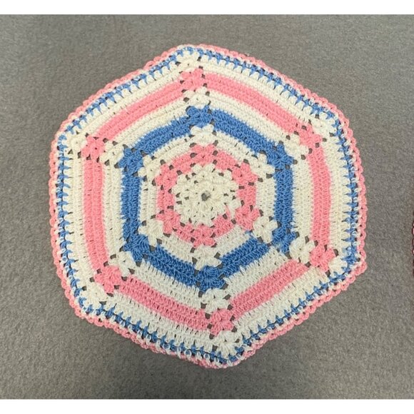 Handmade Crochet Doilies Set of 2 Rainbow Hexagon Pink Blue White 7" Diameter - Picture 3 of 8